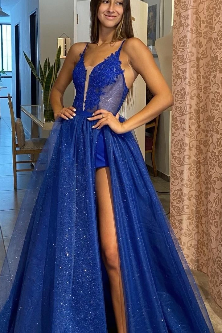 Royal Blue Spaghetti-Straps Split Evening Dress With Appliques