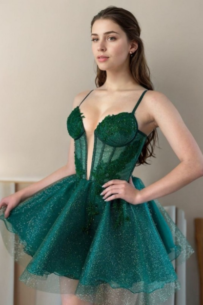 Dark Emerald Spaghetti-Straps Sparkling Tulle Plunging Neckline Short Mini cocktail Dress With Appliques