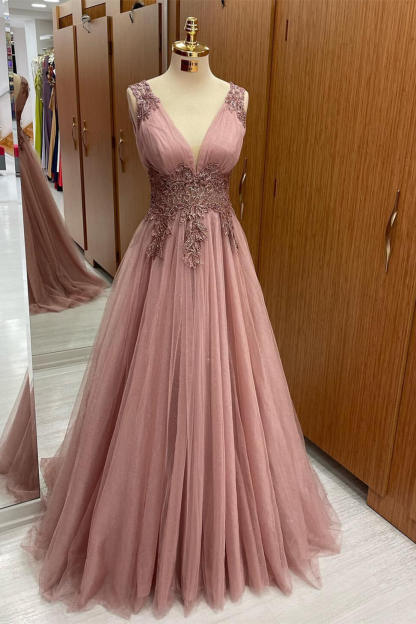 Dusty Pink Sleeveless A Line Formal Dress Tulle Long With Appliques V Neck