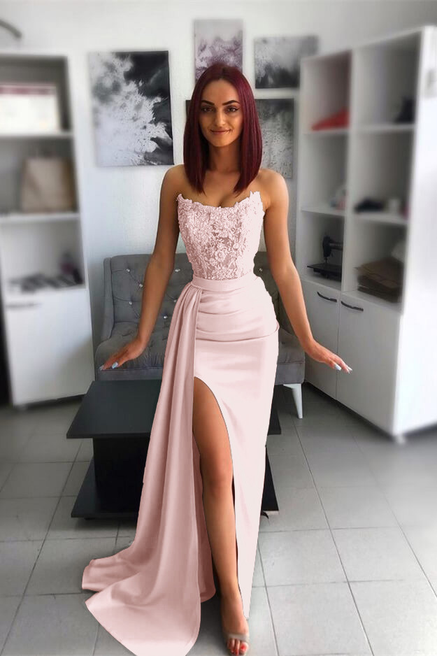 Strapless Pink Slit Mermaid Evening Dress With Chic Appliques