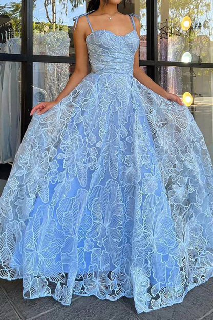Elegant Blue Long Prom Dress with Lace and Spaghetti Straps in A-Line