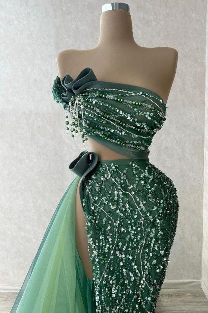 Tulle Strapless Sleeveless High Split Long Formal Dress With Beading