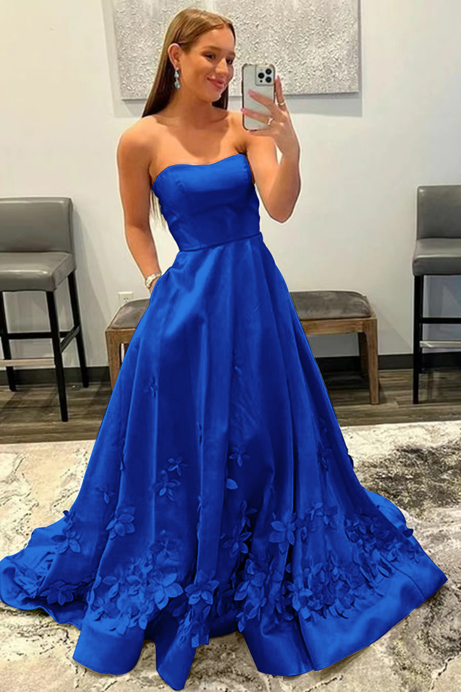 Baby Blue Strapless Appliques Sleeveless Evening Dress