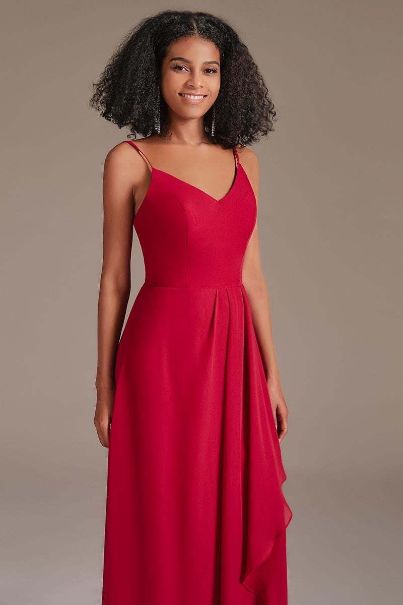 Red Spaghetti-Straps Side Split Bridesmaid Dress