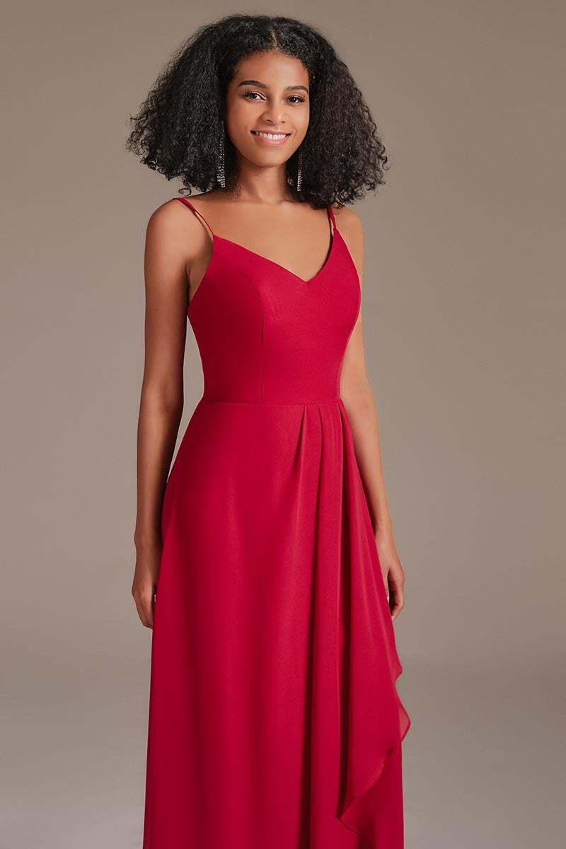 Red Spaghetti-Straps Side Split Bridesmaid Dress