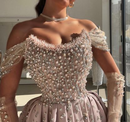 Elegant Off-The-Shoulder Lilac Beading Embroidery Princess Long Prom Dress