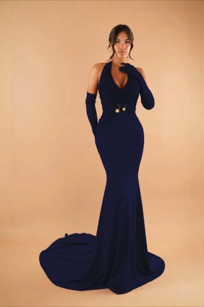Halter Sleeveless Long Mermaid Formal Dress With Pleated Gloves