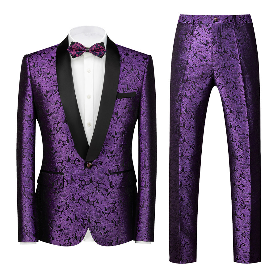 Stylish Purple Jacquard Slim-Fit Black-Lapel Wedding Tuxedo