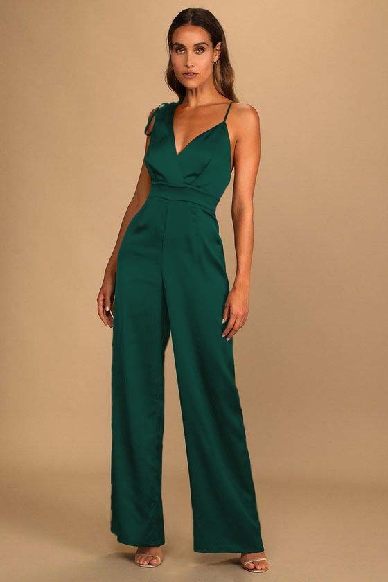 Retro Emerald Green Satin Asymmetrical Wide-Leg Jump Suit