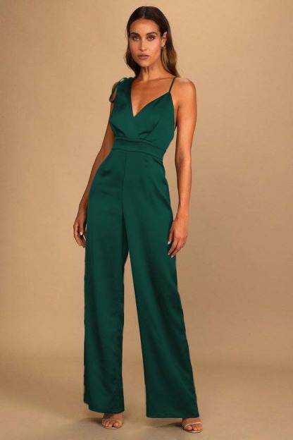 Retro Emerald Green Satin Asymmetrical Wide-Leg Jump Suit