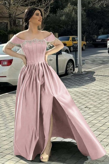 Off the Shoulder Sleeveless Long Split Formal Dress With Pleated Beading