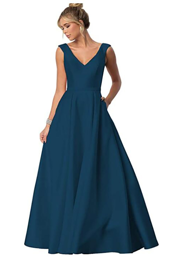 Sleeveless V-Neck Bridesmaid Dress with Pockets