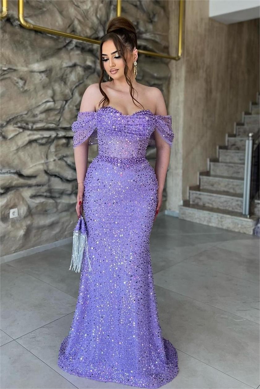 Off the Shoulder Sequins Sweetheart Mermaid Long Formal Dress With Beadings