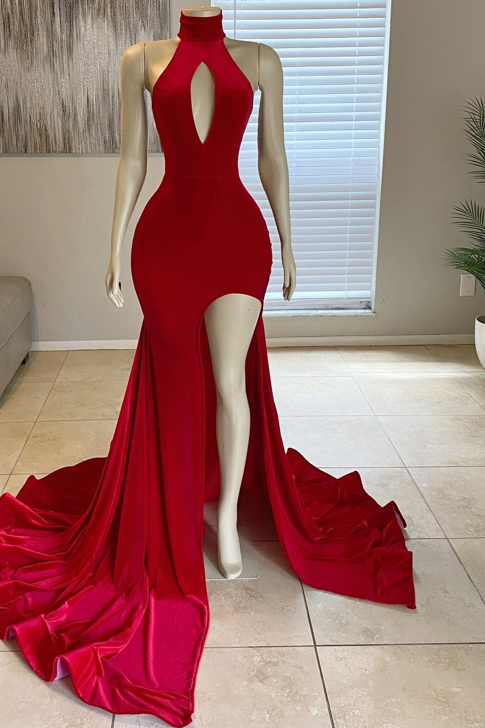 Glorious Mermaid Red Front Split High-Neck Prom Dress