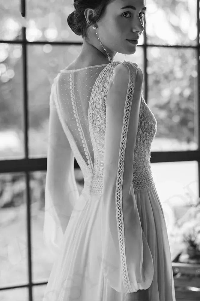 White V-Neck Split Long Wedding Evening Dress With Sleeves