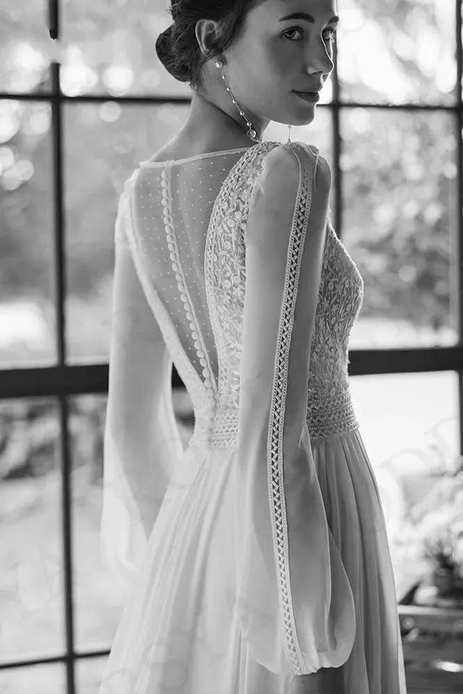 White V-Neck Split Long Wedding Evening Dress With Sleeves