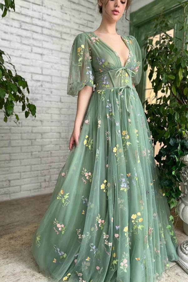 Deep V-Neck Tulle Aqua Beautiful Half Sleeves Evening Dress With Embroidery Flowers