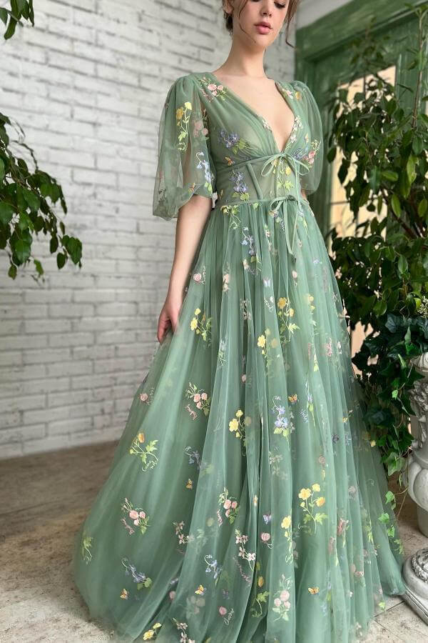 Deep V-Neck Tulle Aqua Beautiful Half Sleeves Evening Dress With Embroidery Flowers