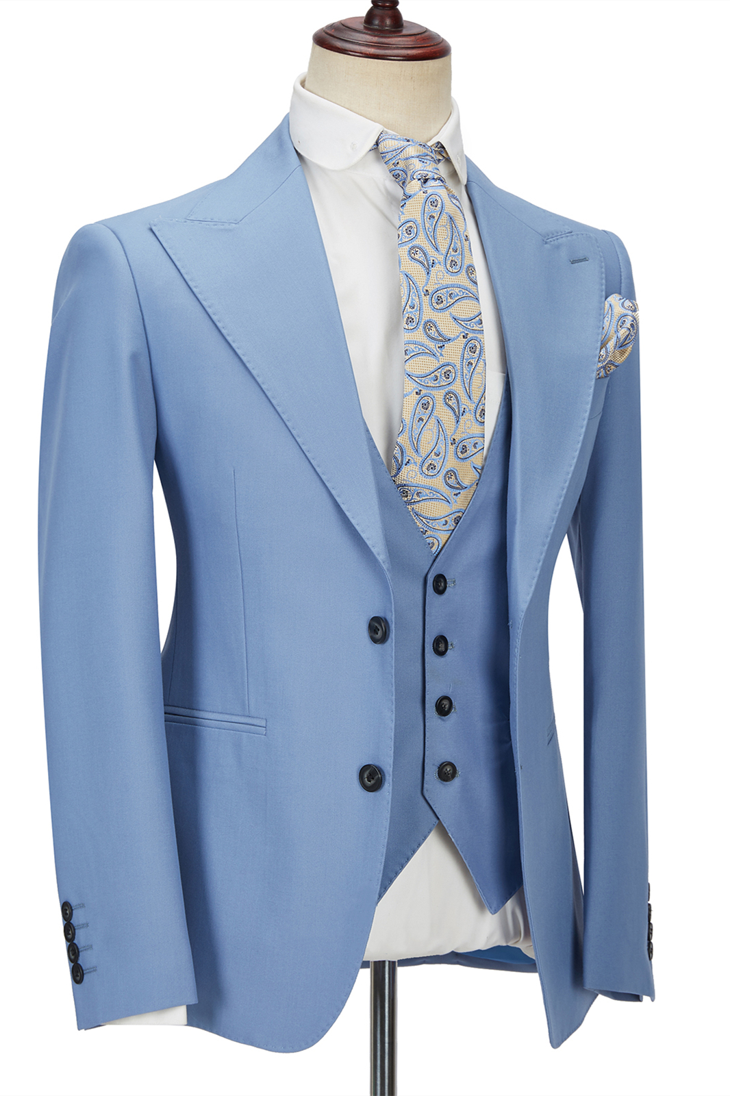 Gentle Blue Peak Lapel Men's Suit Three-Piece Men's Formal Suit without Flap