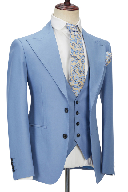 Gentle Blue Peak Lapel Men's Suit Three-Piece Men's Formal Suit without Flap
