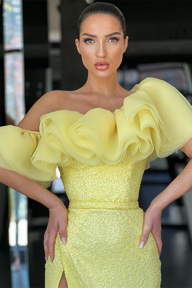 Daffodil Off-The-Shoulder Split Mermaid Evening Dress Sequins