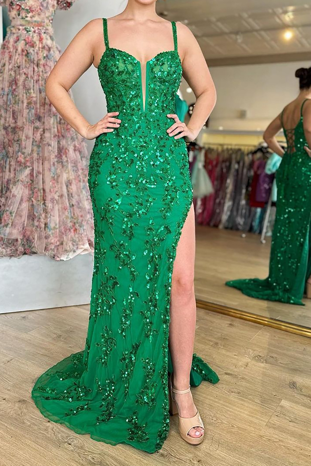 Long Blue Sparkly Prom Dress with Sheath Silhouette and Sequined Slit