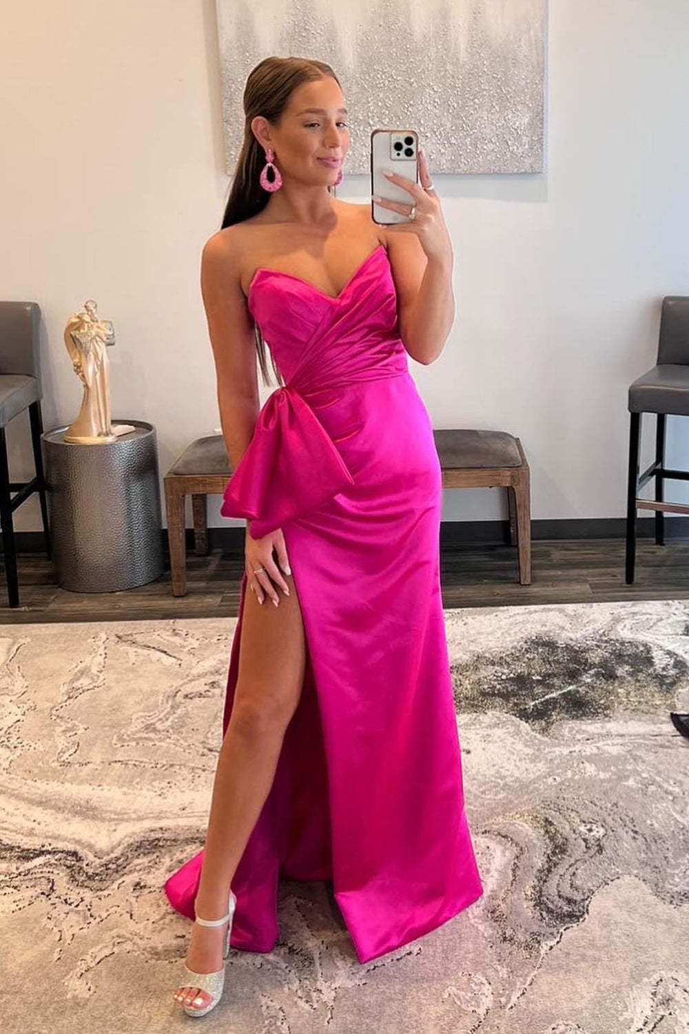 Long Hot Pink Prom Dress with Sweetheart Neckline and Front Split