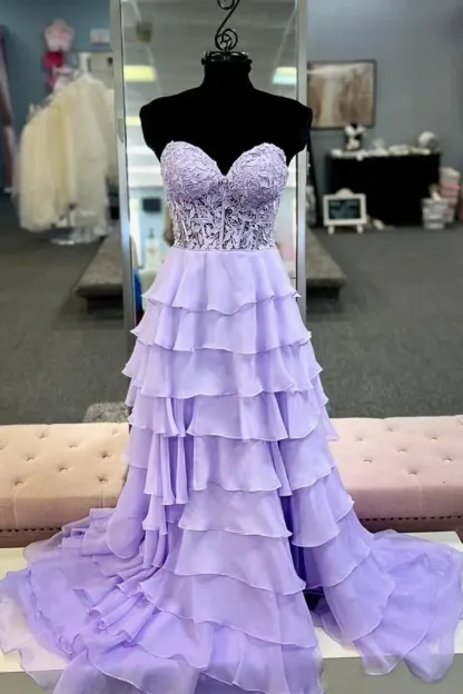Lilac Long Corset Prom Dress with Sweetheart Neckline and A-Line Ruffles
