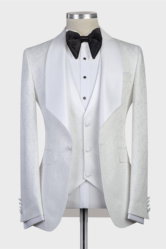 Elegant White Jacquard Shawl Lapel Three-Piece Wedding Tuxedo