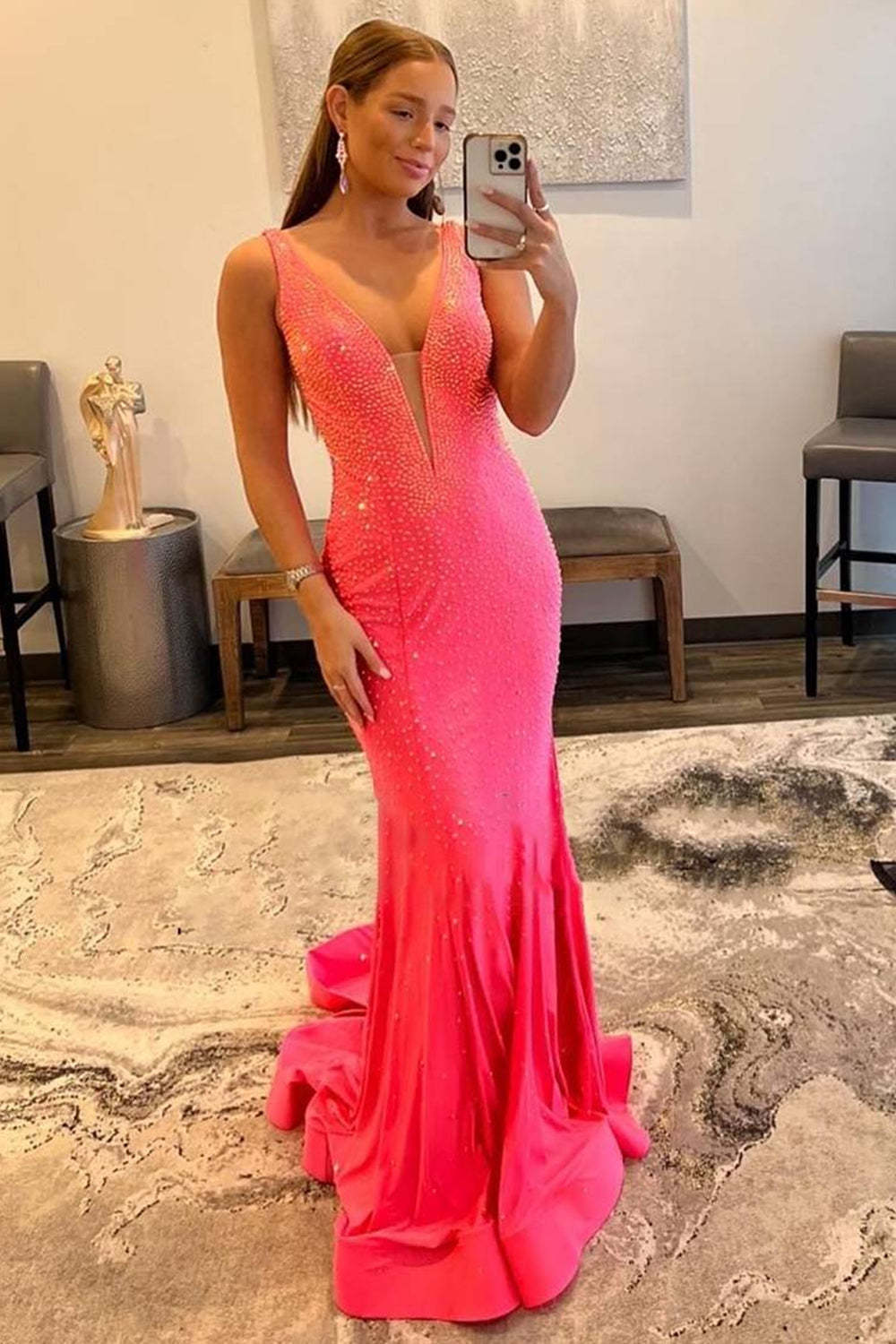 Pink Long Prom Dress with Beading in a Mermaid Deep V Neck