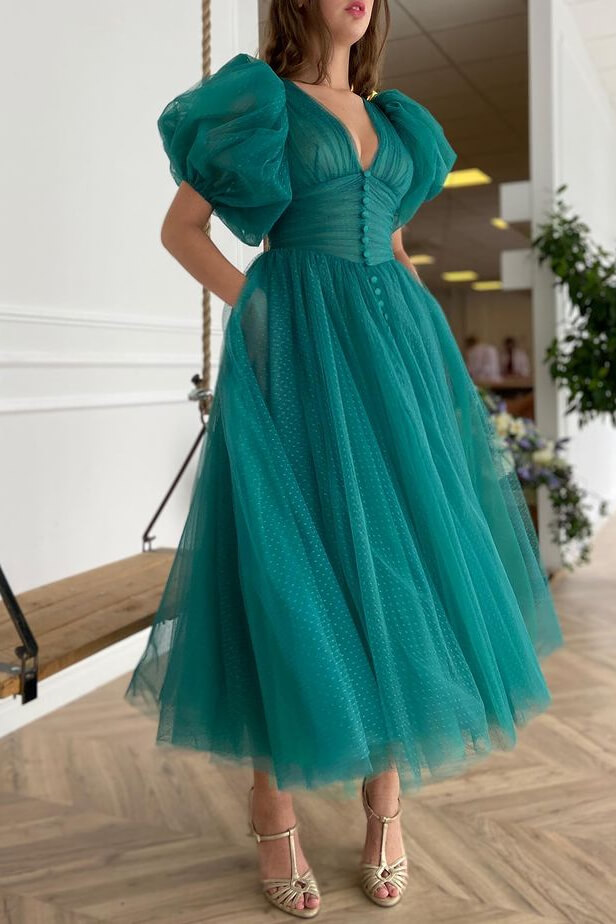 Dark Green Evening Dress A-Line With Short Sleeves V-Neck