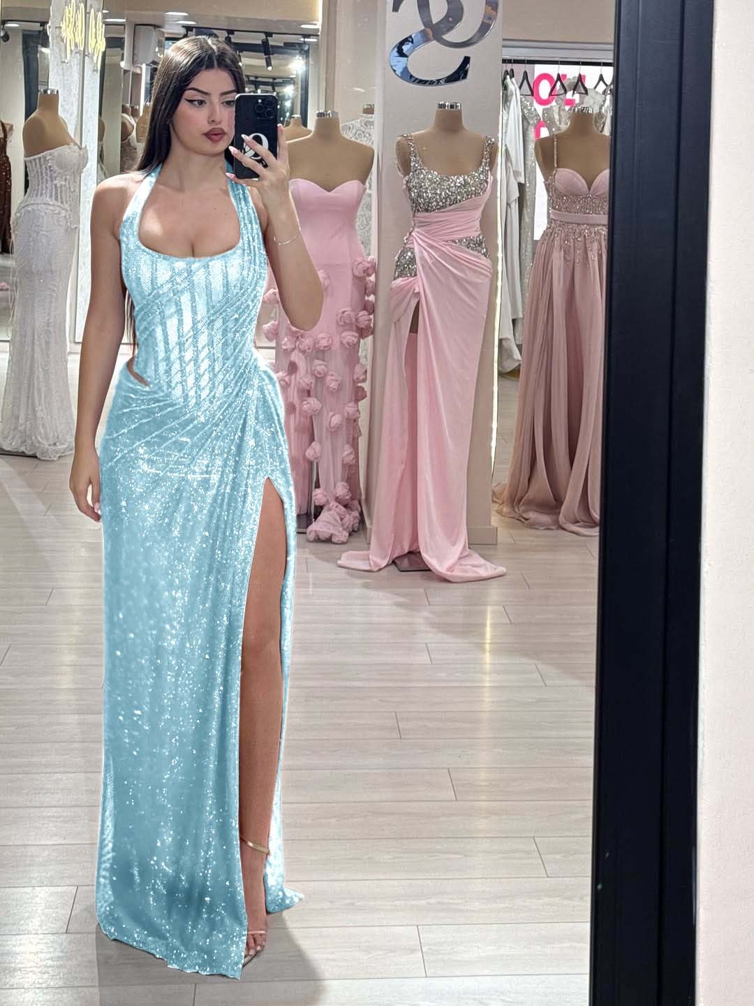 Sequins Halter Sleeveless Long Mermaid Formal Dress With Split