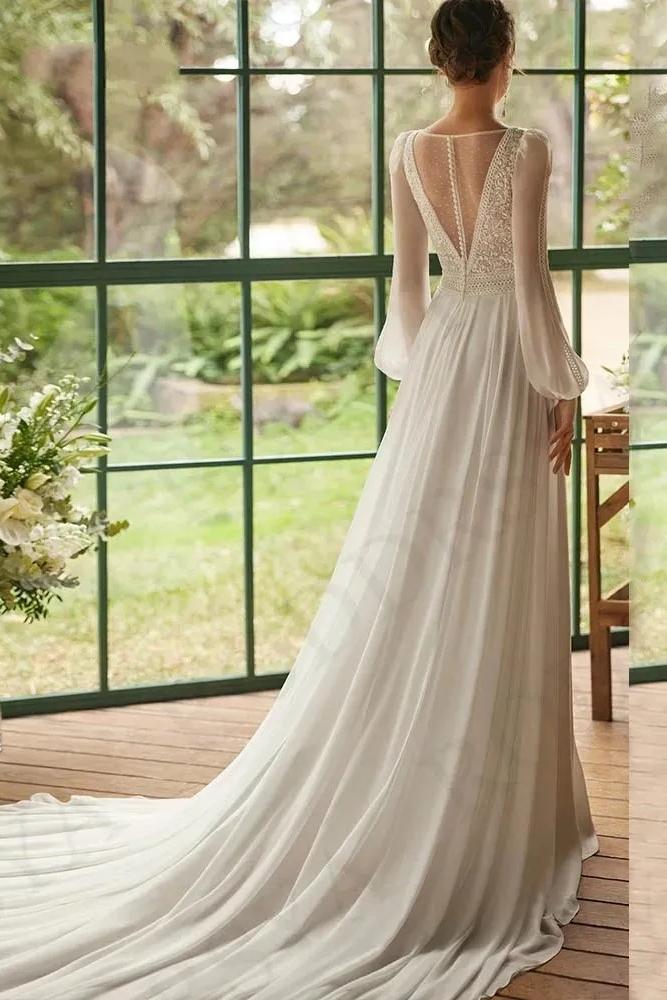 White V-Neck Split Long Wedding Evening Dress With Sleeves