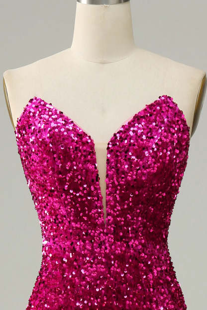 Strapless Sequin Prom Dress in Hot Pink Featuring a Slit