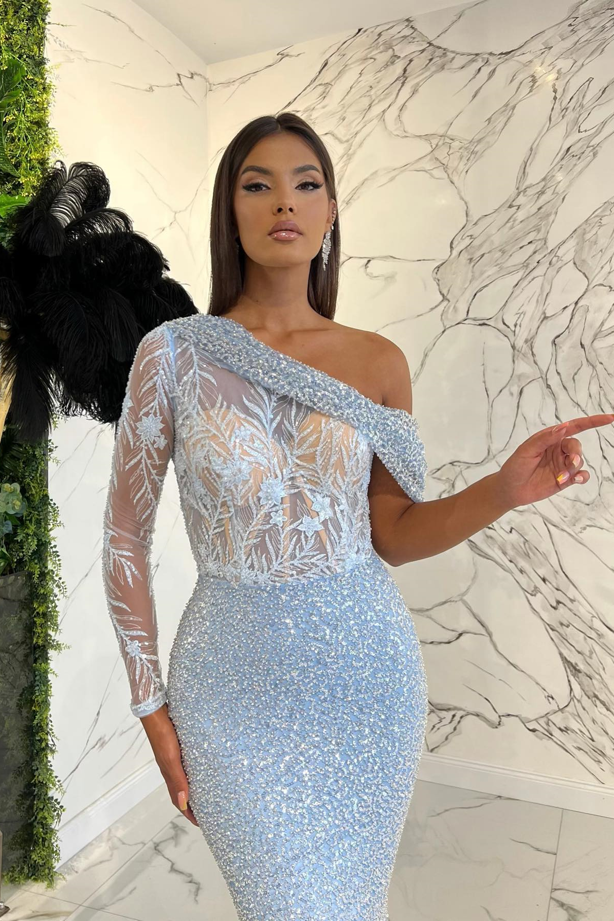 Amazing One Shoulder Long Sleeve Evening Dress Mermaid Sequins
