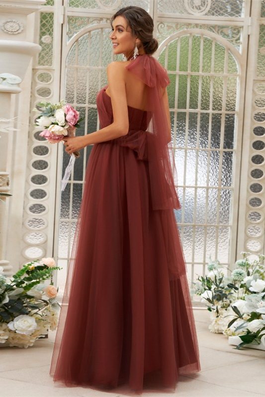 Rust Tulle Halter Long Bridesmaid Dress