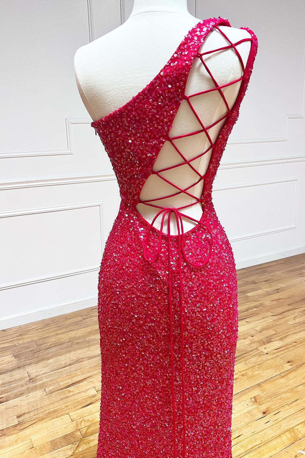 White Sequined Long Prom Gown with One Shoulder and Front Slit