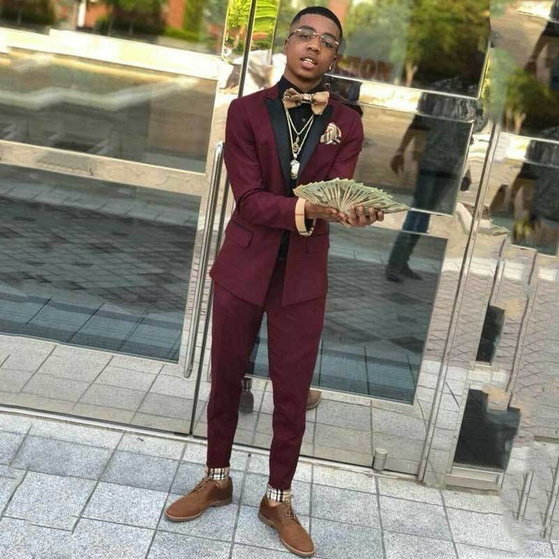 New Arrival Black Lapel Burgundy Party Prom Suit for Man with Two Pieces