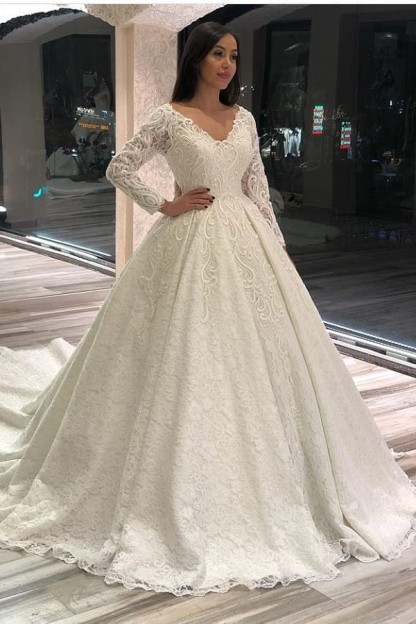 Classic A-Line Long Sleeves Floor-Length Deep V-Neck Wedding Dress with Appliques Lace