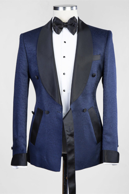 Formal Dark Blue Shawl Lapel Jacquard Wedding Men's Suits