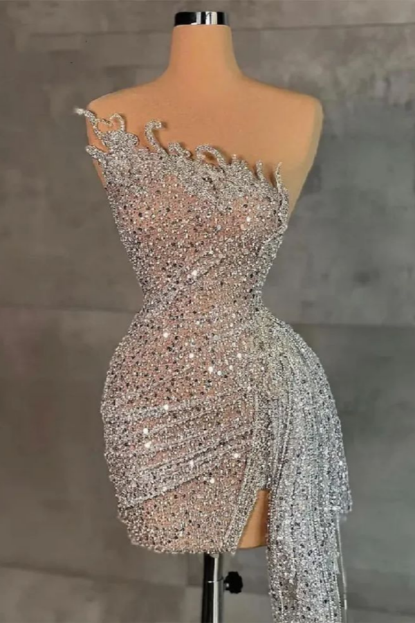 Silver Sequins Strapless Short Mini cocktail Dress
