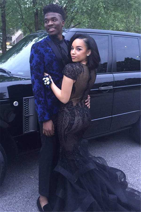 Royal Blue Groom and Groomsmen Suits with Flower Print in Two Pieces