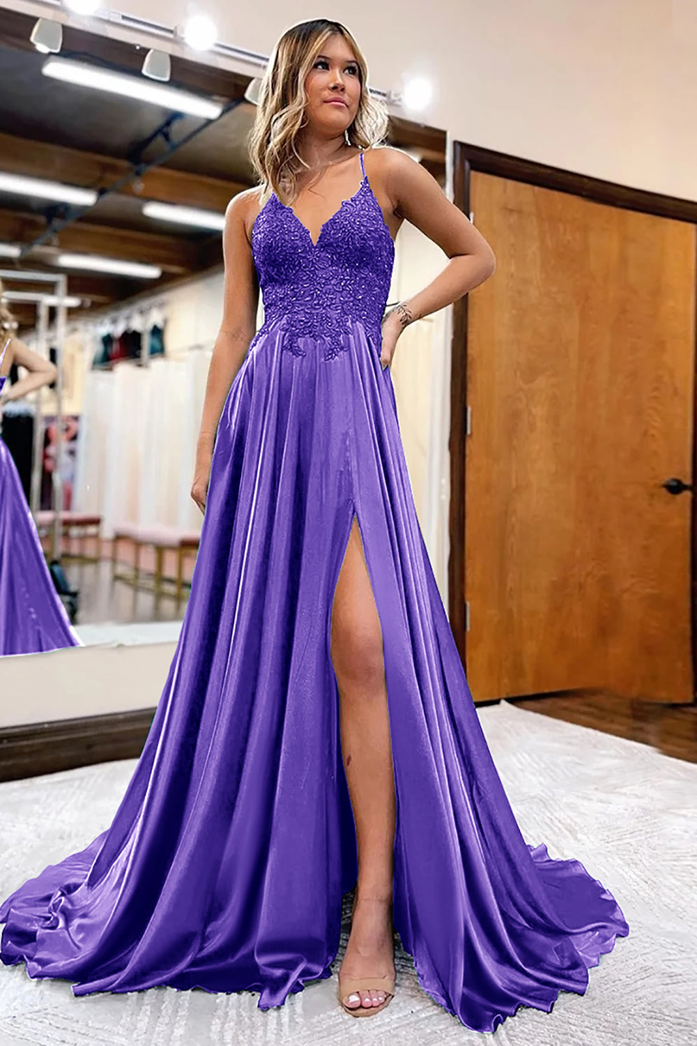 Prom Dress in Dark Green Satin with A-Line Silhouette and Appliques Featuring a Slit