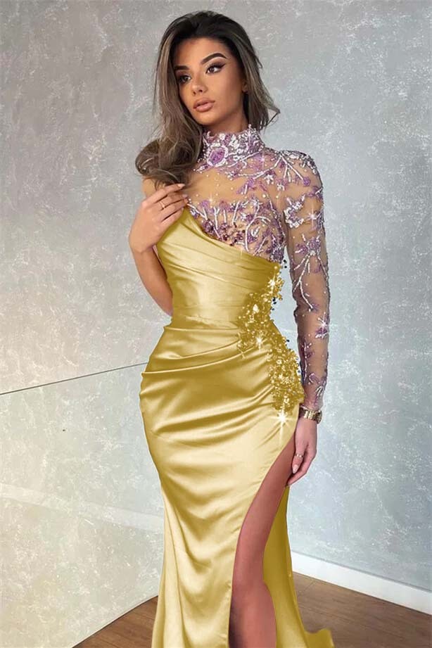 Dark Purple Appliques Mermaid High Collar Evening Dress With Beadings Split