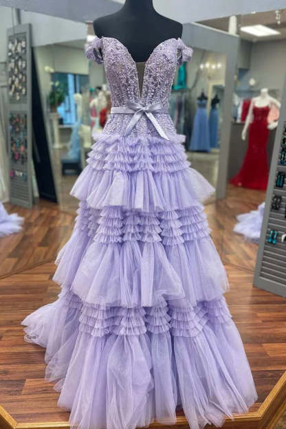 Ivory Off-the-Shoulder Princess A-Line Prom Dress with Ruffles