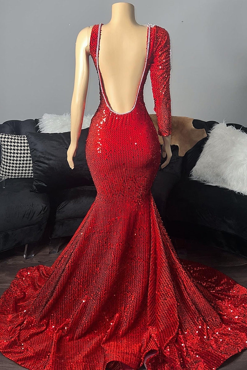 Stunning Red Sequins One Shoulder Long Sleeve Mermaid Evening Dress Long