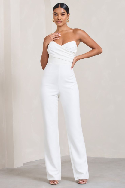 Simple Everyday White Strapless Sweetheart Women's Jump Suit With Pleats
