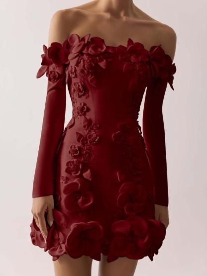 Off the Shoulder Long Sleeves Short Formal Dress With Appliques