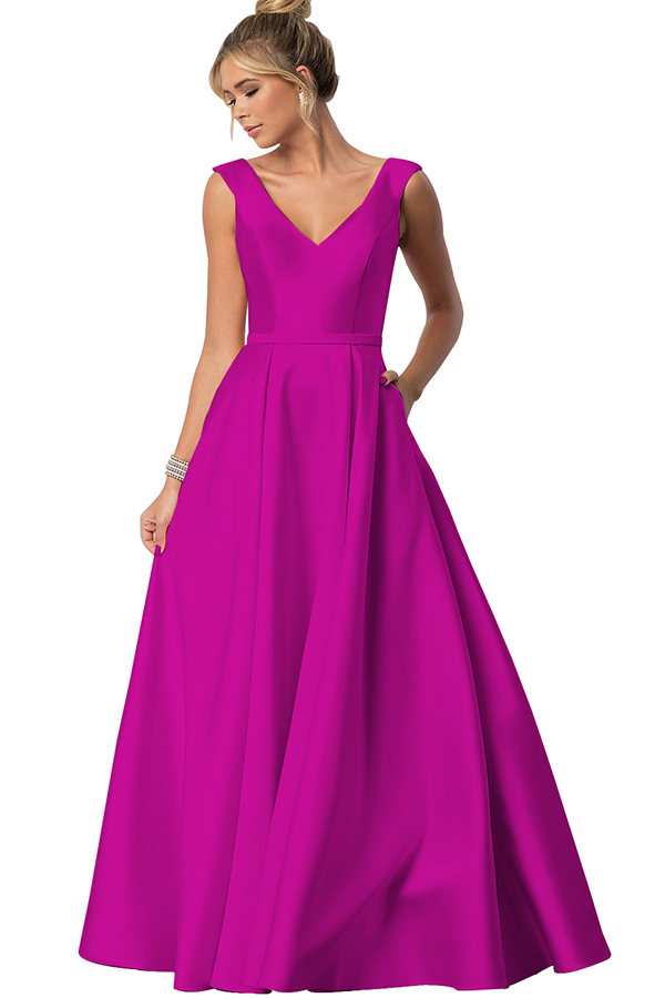 Sleeveless V-Neck Bridesmaid Dress with Pockets