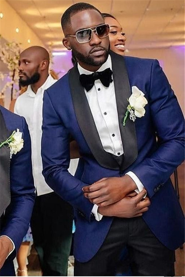 Stylish Navy Blue with Black Shawl Lapel Three-Piece Wedding Suit for Men